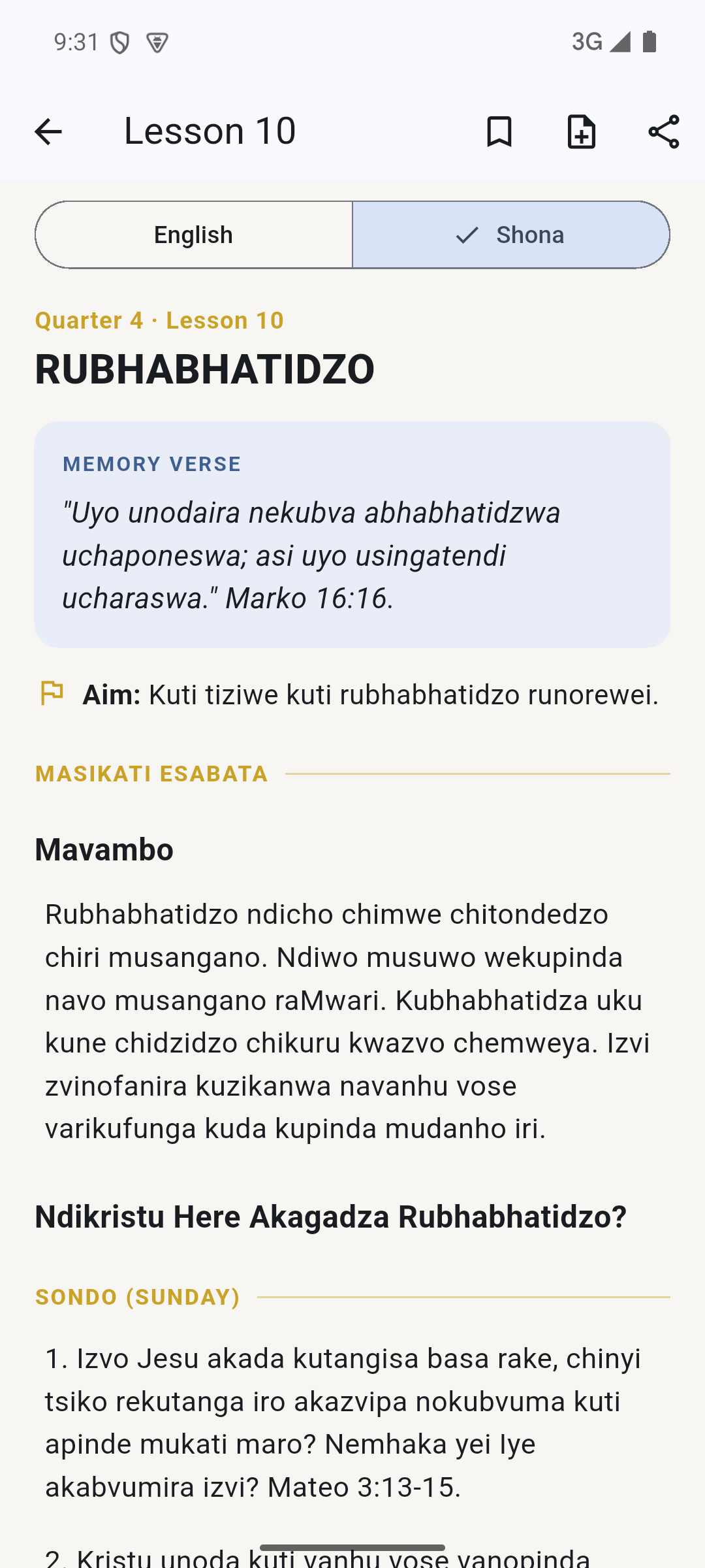 A Shona Bible Doctrine lesson